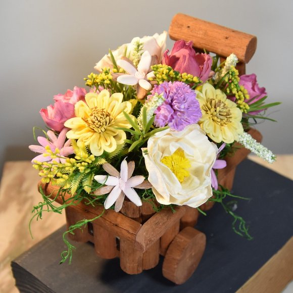 Cheerful garden arrangement of airbrushed Sola wood flowers in a garden cart - Picture 5 of 15